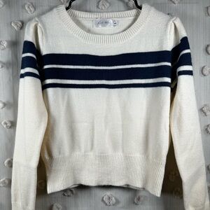 Knit Mix Women’s Cream and Navy Striped Sweater Size Large